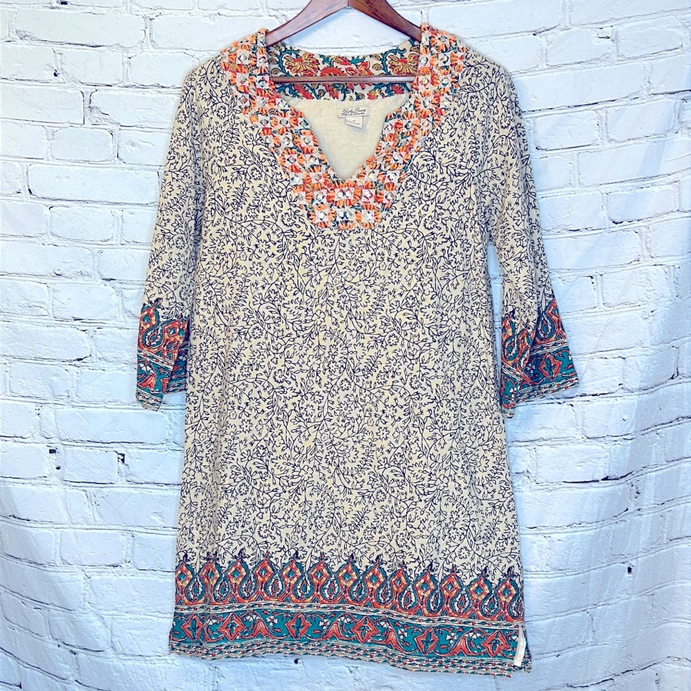 Lucky Brand Beige Black Embroidered Long Sleeve Dress Size Medium